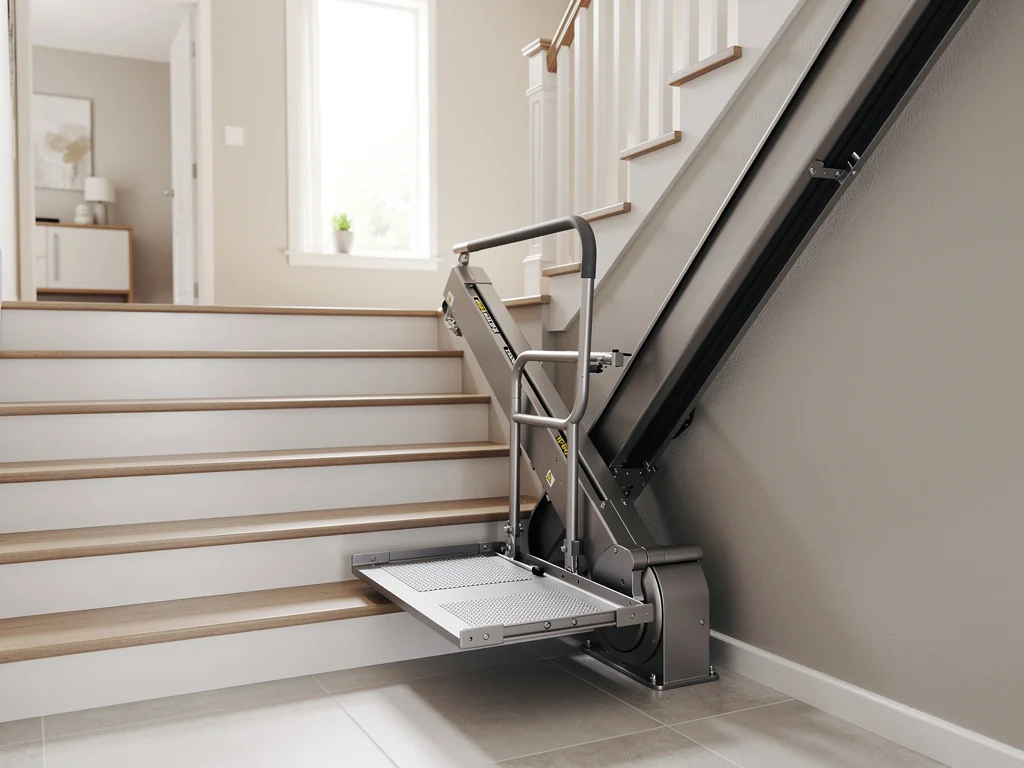 Plateforme pour fauteuil roulant longeant les marches, garde-corps de sécurité relevé