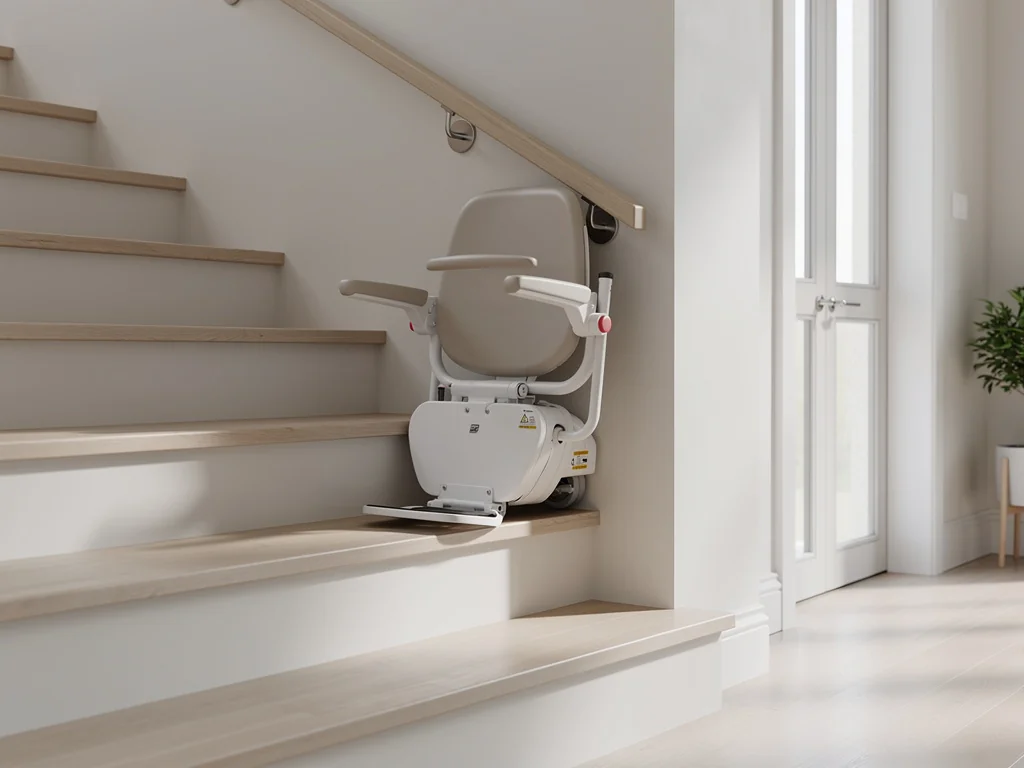 Assise et repose-pieds relevés au pied de l'escalier, passage laissé entièrement libre